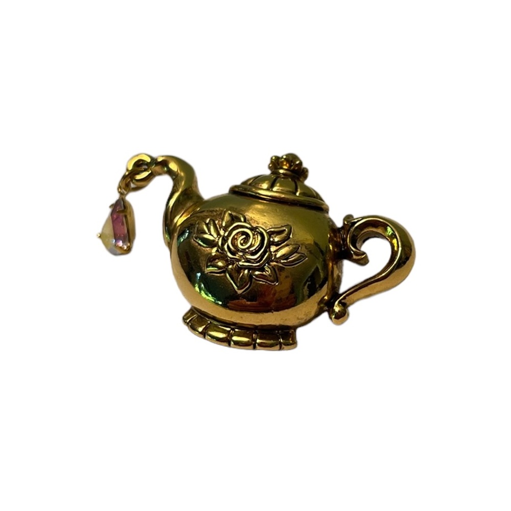 Avon Tea Pot Lapel Pin Gold Color Metal & Iridescent Hanging Jewel